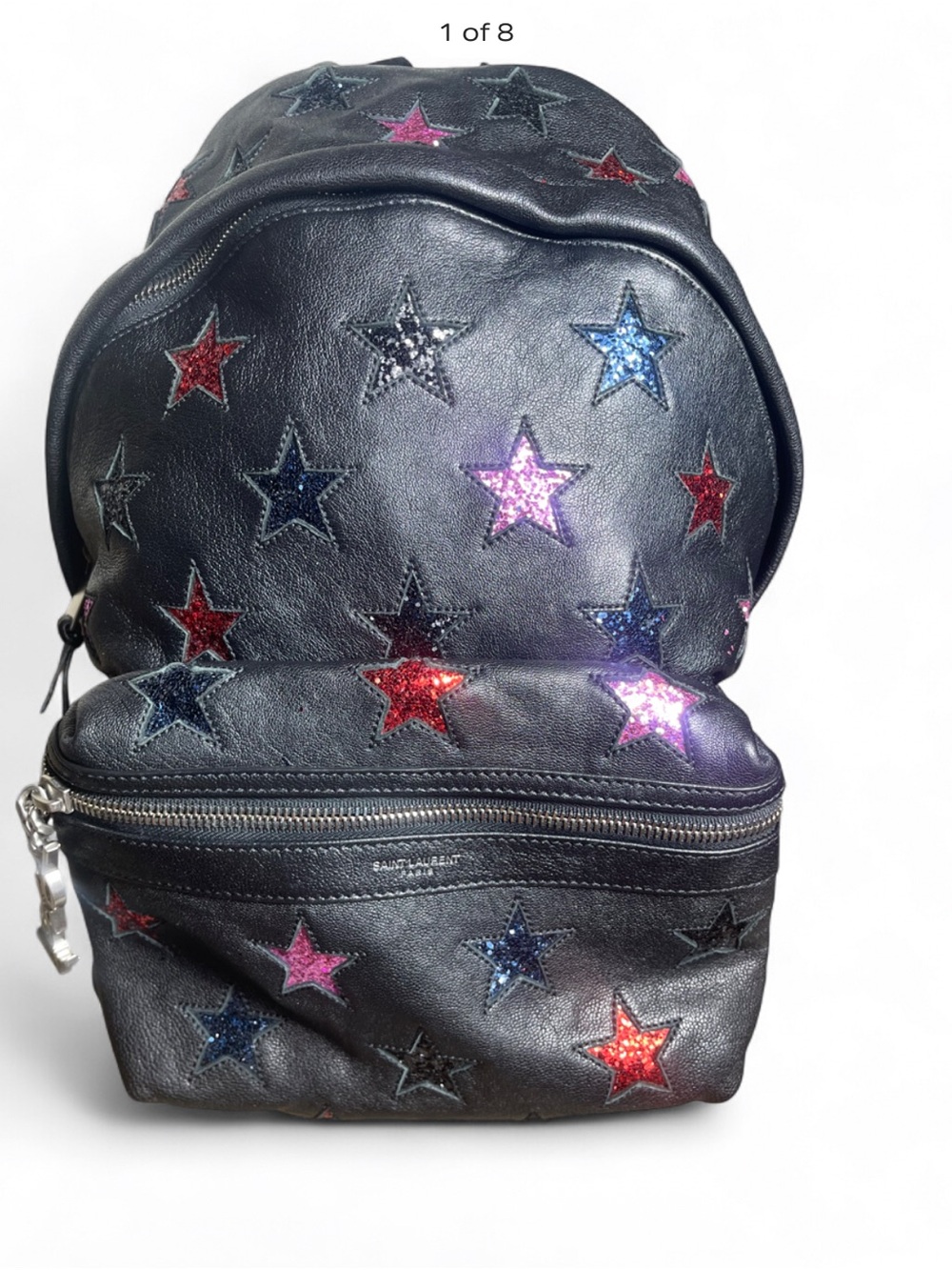 Saint Laurent Black Leather Backpack with Multicolor Glitter Stars